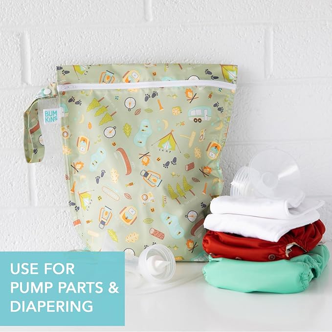 Bumkins - Waterproof Wet and Wetdry Bags - For Beach, Baby, Travel, Swim Suit, Cloth Diapers, Pump Parts, Pool, Gym, Toiletries - Reusable & Easy to Clean - Camp Gear Green - 2 Pack