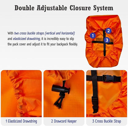 Waterproof Backpack Rain Cover (15-90L), Heavy-Duty Nylon Pack Cover with Upgraded Double Adjustable Closure System and a Carry Pouch for Hiking, Cycling. Durable and Lightweight.