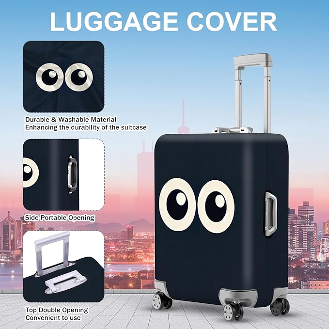 ANNA QUEEN Navy Blue Cartoon Eyes Luggage Cover, Funny Suitcase Protector for 32-34 Inch Luggage, Stretchable & Washable Travel Cover, Cute, Durable & Easy to Spot