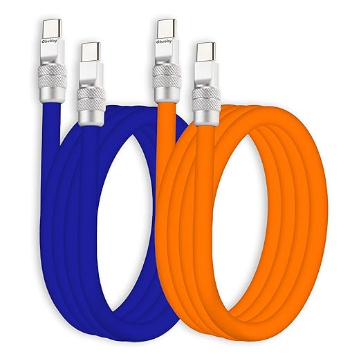 chubbycable Couple Chubby 2-Pack 240W USB C Cable Extra Thick Silicone Fast Charging Cable Compatible with iPhone 17-15 Series iPad Galaxy Series, Dark Blue+Orange, Type-C to Type-C, 16.4FT
