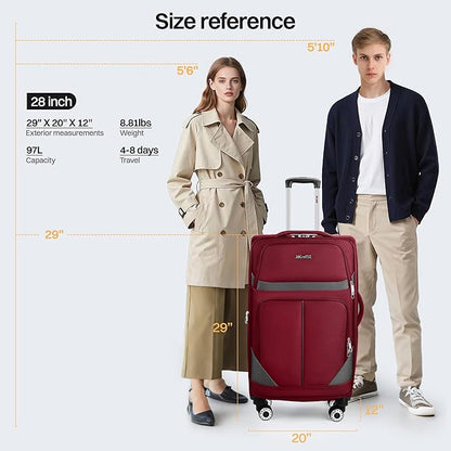 28" Large Softside Expandable 15% Checked Luggage with Double Spinner Wheels LOCK,Lightweight Travel Suitcase for Men/Women（Burgundy-Grey,28in）