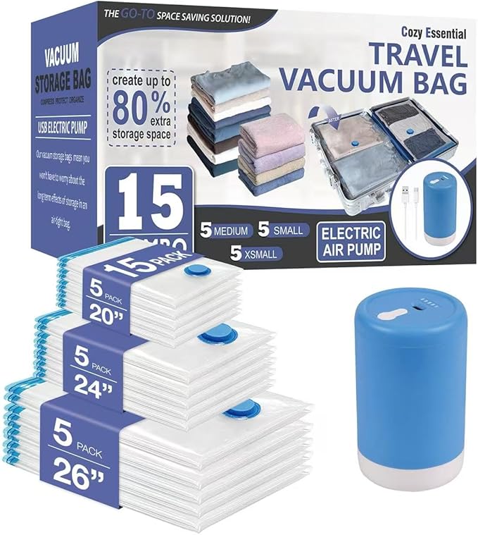 15 Pack Travel Vacuum Storage Bags with Rechargeable Wireless Electric Pump for Luggage, Suitcase, Carry-on Size Vacuum Seal Compression Space Saver Bags for Clothes and Clothing Travel