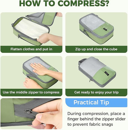 BAGAIL 6 Set Lightweight Compression Packing Cubes with Packing List, Anti-Tearing Expandable Organizer Bags for Travel, Matcha Green