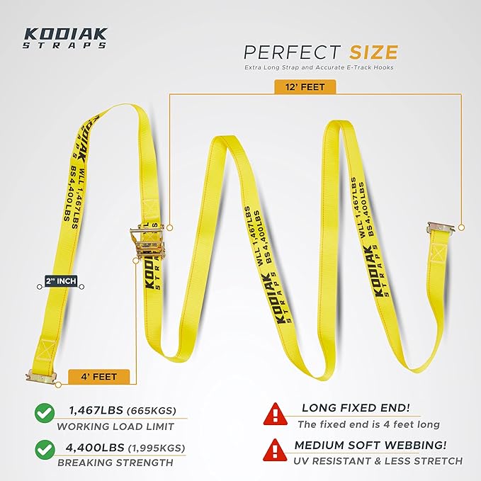 6 Pack E-Track Ratchet Straps 2" x 16' x 4,400 lbs Strength for Cargo Tie Down in Enclosed Trailer & Van by KODIAK STRAPS
