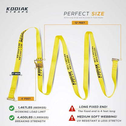 6 Pack E-Track Ratchet Straps 2" x 16' x 4,400 lbs Strength for Cargo Tie Down in Enclosed Trailer & Van by KODIAK STRAPS