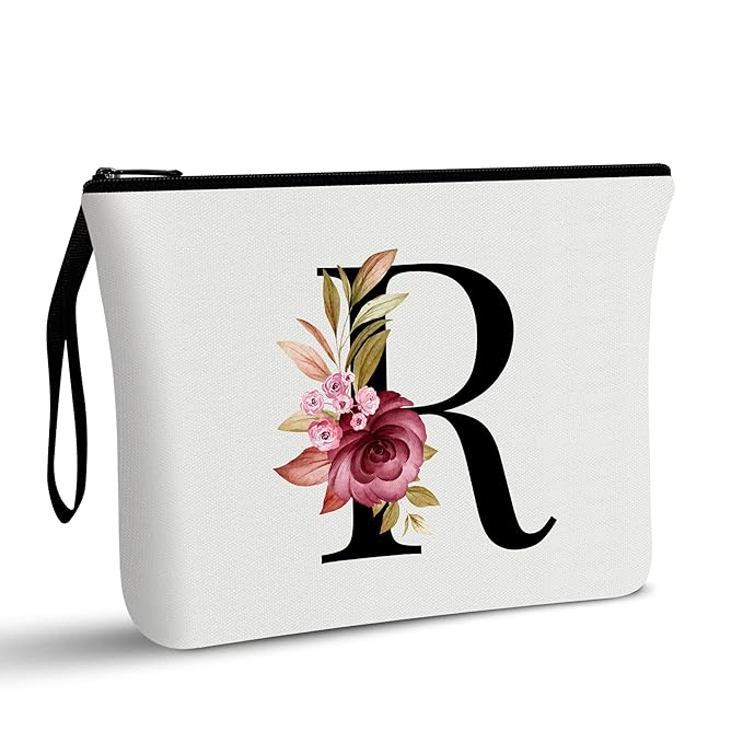 Vavabox A-Z Personalized Makeup Bag, Birthday Gifts for Women Mom, Gifts for Best Friend, Bride Bridesmaid Cosmetic bag (R, White)