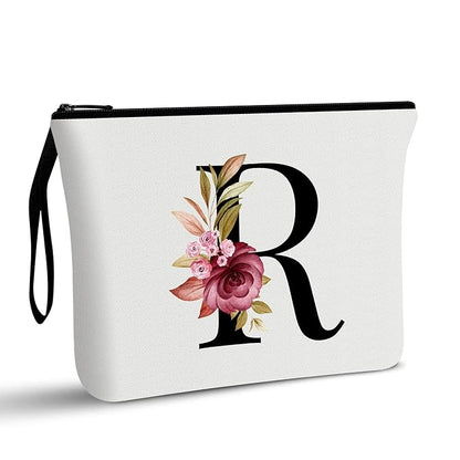 Vavabox A-Z Personalized Makeup Bag, Birthday Gifts for Women Mom, Gifts for Best Friend, Bride Bridesmaid Cosmetic bag (R, White)