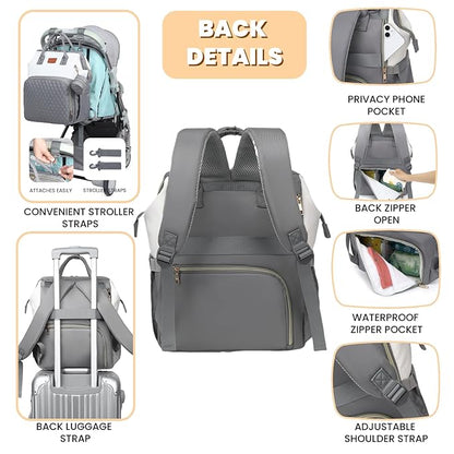 Baby Diaper Bag Backpack with Changing Pad, Pacifier Case, for Boy Girl Toddler - Large, Stylish, Waterproof Travel Quilted Diaper Bag for Mom - Gray/White