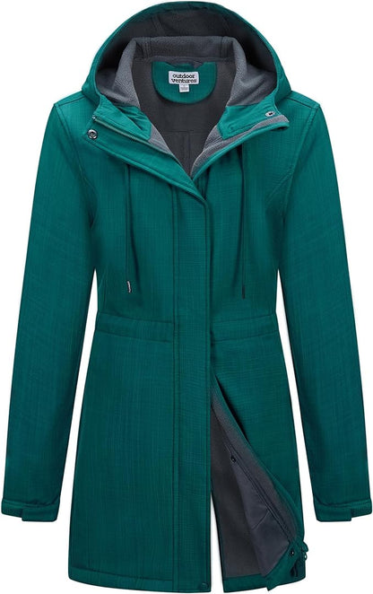 Outdoor Ventures Women's Lightweight Waterproof Fleece Lined Hooded Softshell Rain Jacket, Warm Windbreaker Long Coat
