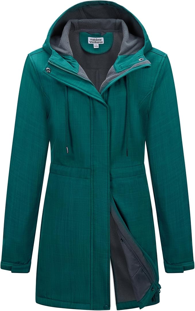 Outdoor Ventures Women's Lightweight Waterproof Fleece Lined Hooded Softshell Rain Jacket, Warm Windbreaker Long Coat