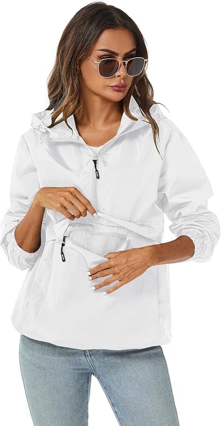 Avoogue Womens Rain Jacket with Hood,Pullover,Packable,Lightweight,Windbreaker,Waterproof,Breathable.