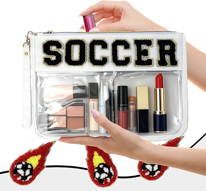 2 Pcs Football Gifts Makeup Bag with Chenille Letter Patch,with Handles football PVC Waterproof Clear Makeup Bag,Portable Toiletry Storage Bag,Players & Fans Birthday, Team or Sports Lover Presents