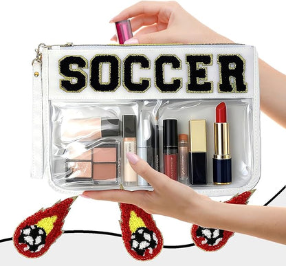 2 Pcs Football Gifts Makeup Bag with Chenille Letter Patch,with Handles football PVC Waterproof Clear Makeup Bag,Portable Toiletry Storage Bag,Players & Fans Birthday, Team or Sports Lover Presents