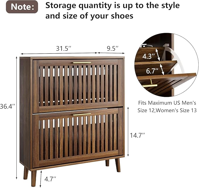 Walnut Shoe Cabinet with 2 Flip Drawers for Entryway,Narrow Shoe Storage Cabinet with Solid Wood Leg,Freestanding Slim Shoe Organizer for Hallway