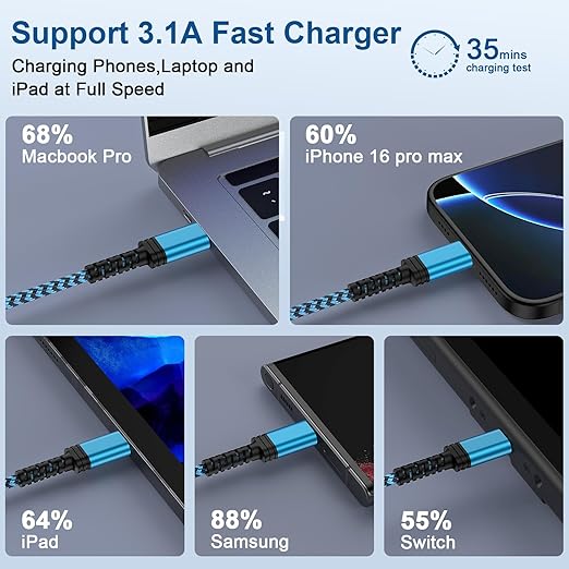 USB to USB C Cable 10FT Long Braided USB A to Type C Charger Fast Charging Power Cord for Samsung Galaxy A17/A16 5G/A15/A56/A36/A55/S25 Edge/S24 Ultra/S23/S22/S21/S20/S10/Pixel 9a/9 Pro xl/8a/7a/8/7/6