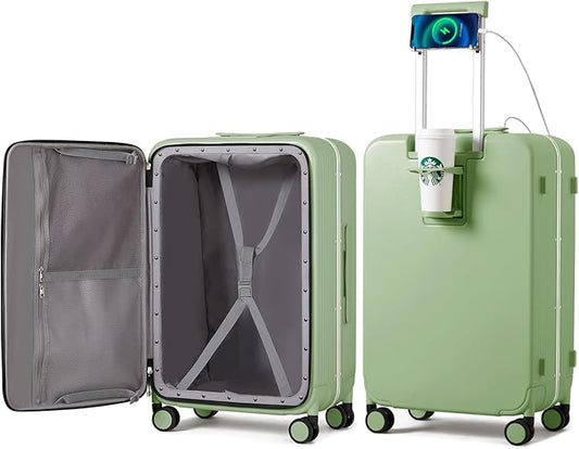 mixi Large Checked Luggage with Cup Phone Holder and Charger Hard Shell Suitcases with Spinner Wheels, 26 Inch Avocado Green
