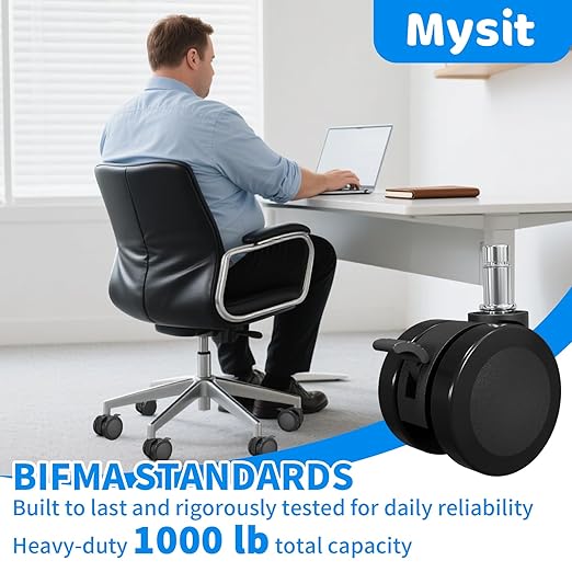 MySit Office Chair Wheels Casters 10x22mm with Brake Set of 5 Heavy Duty Mute PU Caster Replacement Easy Installation Compatible with IKEA for Hardwood Floors