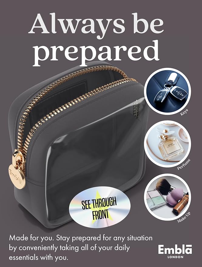 Embla London Makeup Bag Cosmetic Case, Clear Zipper Make Up Pouch and Toiletry Travel Tote, Cute Skincare Pouches for Women Girls, Preppy Purse Cosmetic Organizer, Mini Makeup Bags, Grey