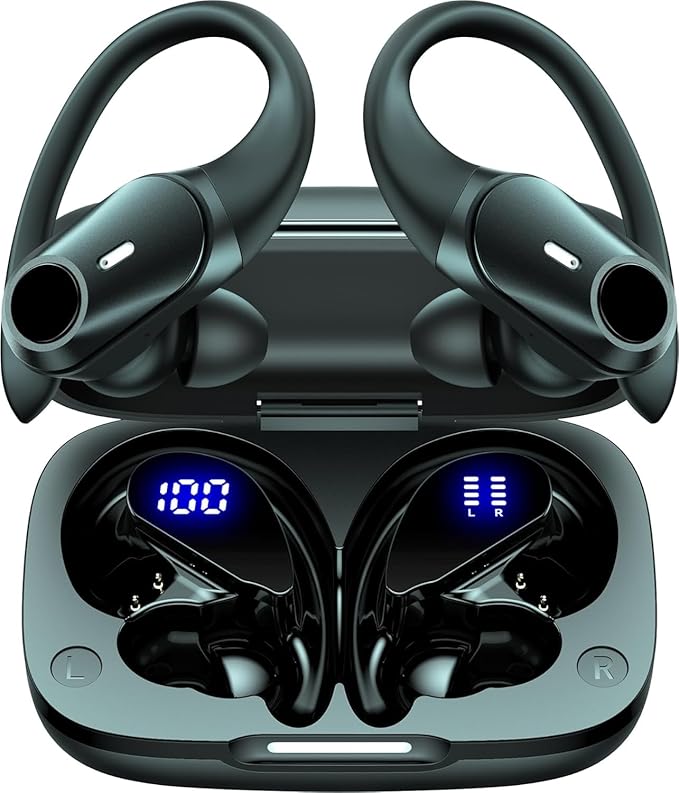 GOLREX Noise Cancelling Ear Buds Wireless Earbuds Bluetooth Headphones with 80H Playtime, Dual LED Display, Wireless Charging Case, Over-Ear Hooks Earphones for Sports Running Gym Workout Black