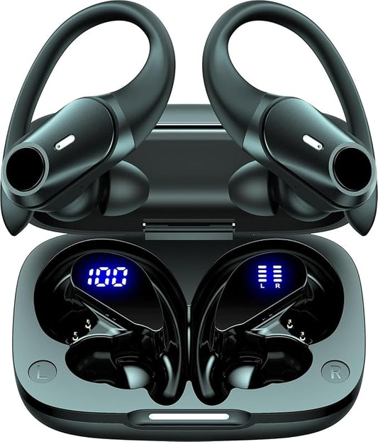 GOLREX Noise Cancelling Ear Buds Wireless Earbuds Bluetooth Headphones with 80H Playtime, Dual LED Display, Wireless Charging Case, Over-Ear Hooks Earphones for Sports Running Gym Workout Black