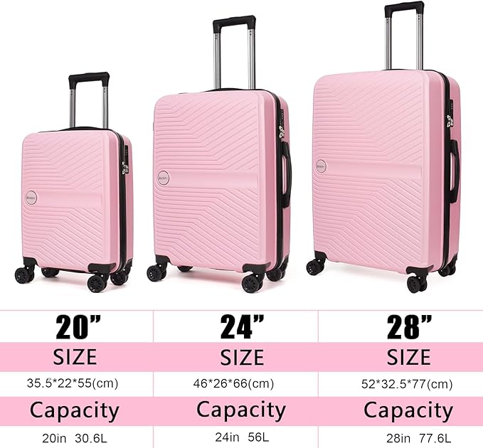 Luggage Set 3 Pieces -Suitcase Set - Carry on Luggage with Wheels - Check-in Luggage - PC + ABS Durable Suitcase Rotating Silent Wheels 3-Piece 20/24/28 Pink