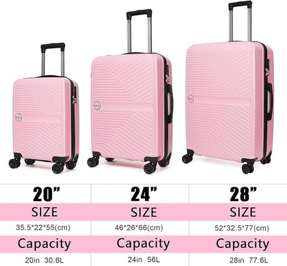 Luggage Set 3 Pieces -Suitcase Set - Carry on Luggage with Wheels - Check-in Luggage - PC + ABS Durable Suitcase Rotating Silent Wheels 3-Piece 20/24/28 Pink