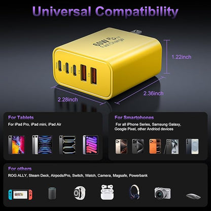 USB C Fast Wall Charger Block, 2Pack 60W USBC Charging Cubes, 5-Port PD+QC Power Adapter Multiport Brick Type C Box Plug for Phone 16/15/14/13/12/11/Pro Max/Plus, Pad Mini/Pro/S25/S24-Yellow