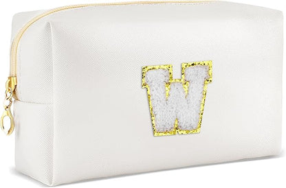 Gifts for Girls Initial Makeup Bag Personalized Cosmetic Bag with Zipper Cute Travel Toiletry Bags Waterproof PU Preppy Makeup Pouch Birthday Gift for Teen Girls Women(White W)