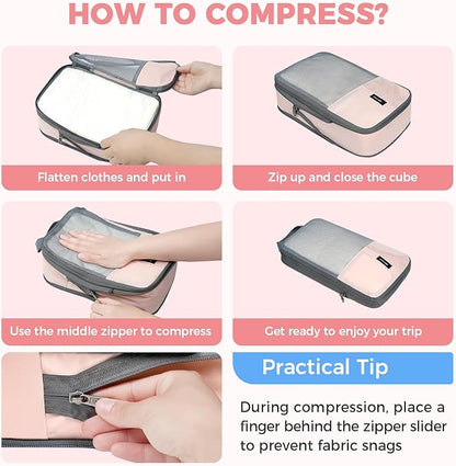 BAGAIL 6 Set Lightweight Compression Packing Cubes with Packing List, Anti-Tearing Expandable Organizer Bags for Travel, Pink