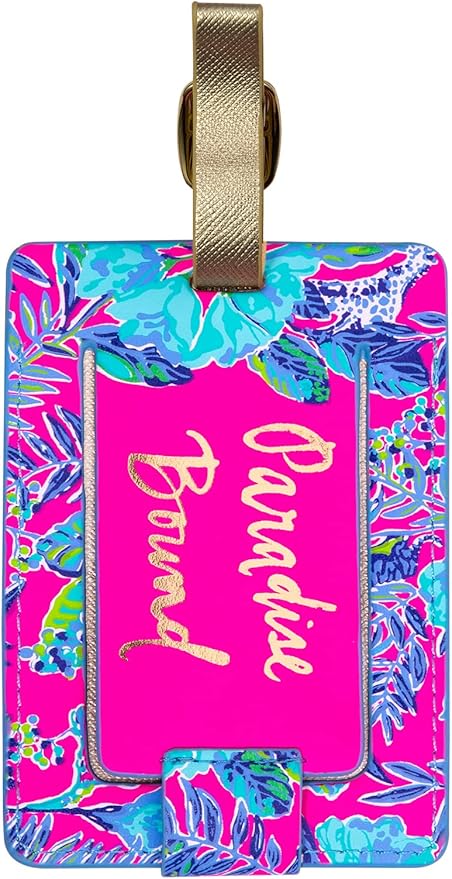Lilly Pulitzer Leatherette Luggage Tag with Secure Strap, Colorful Suitcase Identifier for Travel