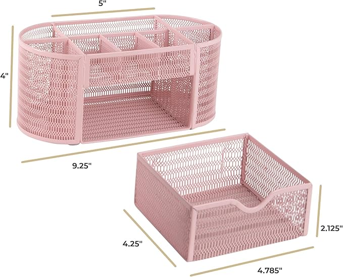 BLU MONACO Pink Desk Organizer | Strong Metal Desktop Organizer for Office Supplies | Light Pink Desk Accessories with 8 Compartments | Metal Mesh Stationery Holder for Home or Office