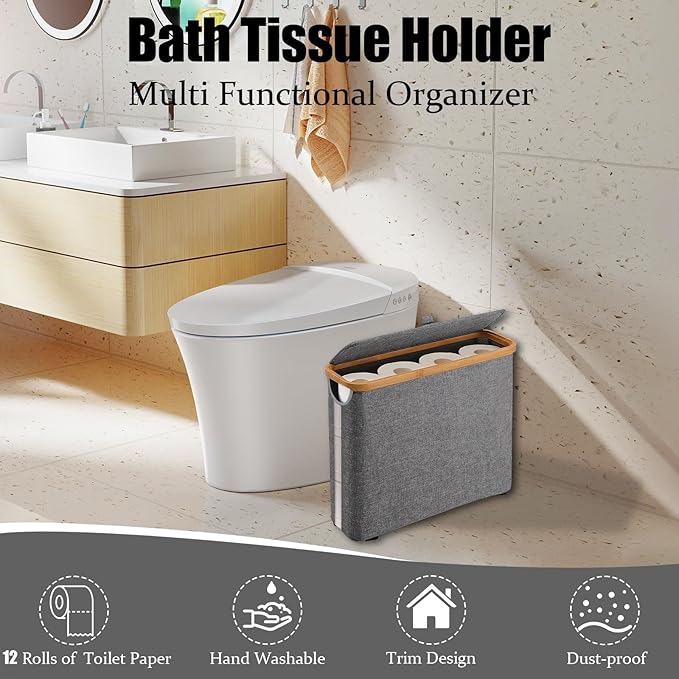 Toilet Paper Roll Storage, Bathroom Slim Toilet Paper Storage with Lid for 12 Rolls, Ultimate Bathroom Organizer with Anti-Slip Base, 17.8" x 6" x 13.8", Grey