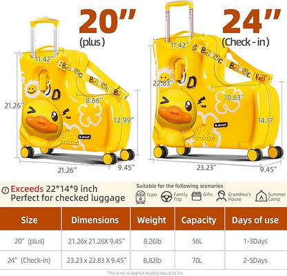 Kids' Lightweight Ride on Luggage with Spinner Wheels & Foldabe Design (Yellow Good, 24"+ Aged 3-12 Toddler)
