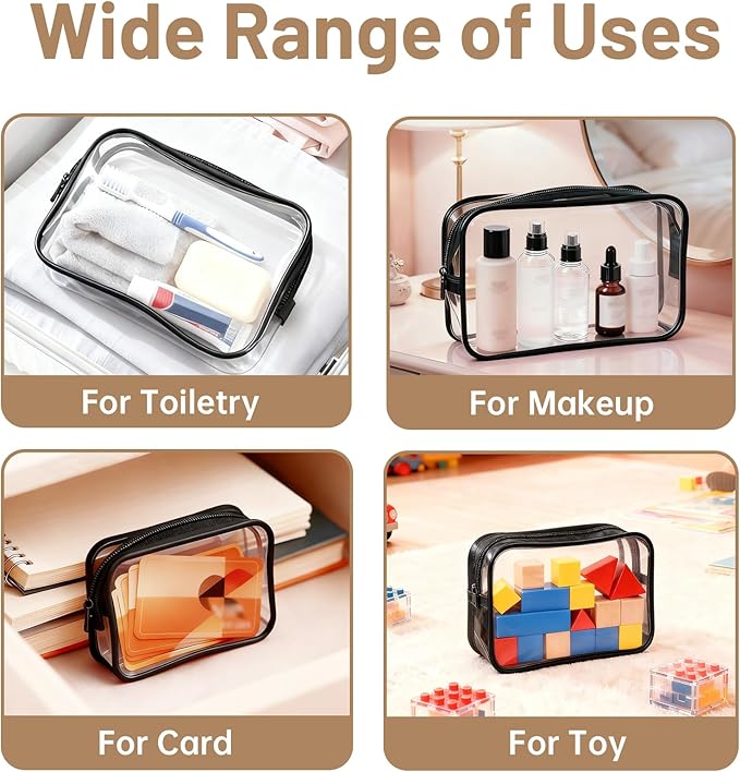 4 Pcs Clear Toiletry Bag, Portable Makeup Cosmetic Bags Pouch with Zipper, PVC Clear Travel Pouch for Women Men - Black