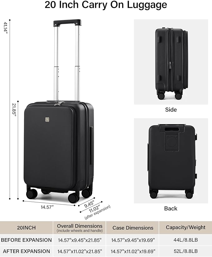 Hanke 20 Inch Expandable Carry On Luggage Airline Approved Top Opening Travel Luggage Rolling Suitcase with Cup Holder Hard Shell Suitcases with Wheels (Jet Black)