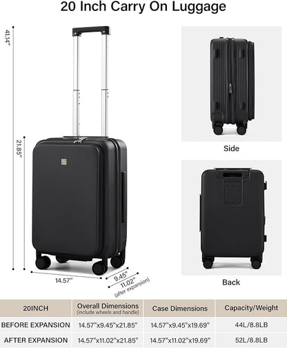Hanke 20 Inch Expandable Carry On Luggage Airline Approved Top Opening Travel Luggage Rolling Suitcase with Cup Holder Hard Shell Suitcases with Wheels (Jet Black)