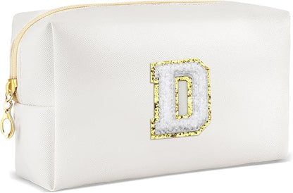 Gifts for Girls Initial Makeup Bag Personalized Cosmetic Bag with Zipper Cute Travel Toiletry Bags Waterproof PU Preppy Makeup Pouch Birthday Gift for Teen Girls Women(White D)
