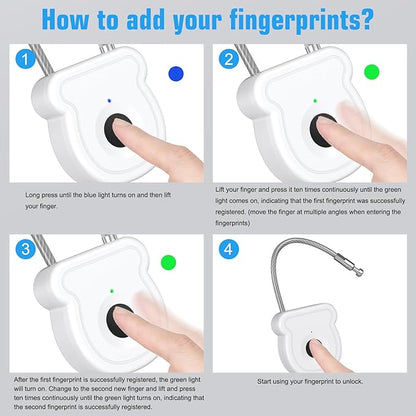 Smart Fingerprint Padlock for Luggage - 20 User Capacity, USB Key & Emergency Code, Keyless Biometric Lock for Gym Locker, Suitcase, Backpack, Toolbox & Handbag (White)