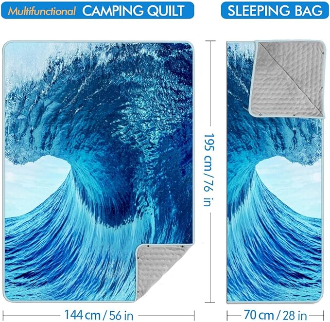 Outdoor Camping Quilt, Warm Thick Blanket with Polar Fleece Packable Down Wearable Camp Blankets with Snap Buttons Soft Puffy Camping Quilt for Cold Weather (Waves, 76'' x 56'')