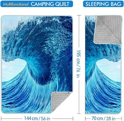 Outdoor Camping Quilt, Warm Thick Blanket with Polar Fleece Packable Down Wearable Camp Blankets with Snap Buttons Soft Puffy Camping Quilt for Cold Weather (Waves, 76'' x 56'')