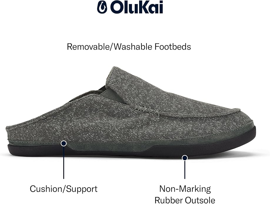 OLUKAI Moloa Hulu Men's Wool-Blend Slippers, Soft & Heathered Knit Slip On Shoes, Suede Leather Foxing, Drop-In Heel Design