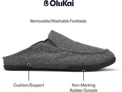 OLUKAI Moloa Hulu Men's Wool-Blend Slippers, Soft & Heathered Knit Slip On Shoes, Suede Leather Foxing, Drop-In Heel Design