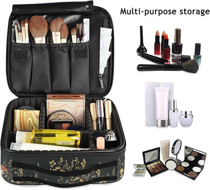 MNSRUU Travel Makeup Bag, Vintage Wildflower Mushrooms Women Makeup Case Organizer Cosmetic Toiletry Bag for Teenage Girl with Adjustable Dividers