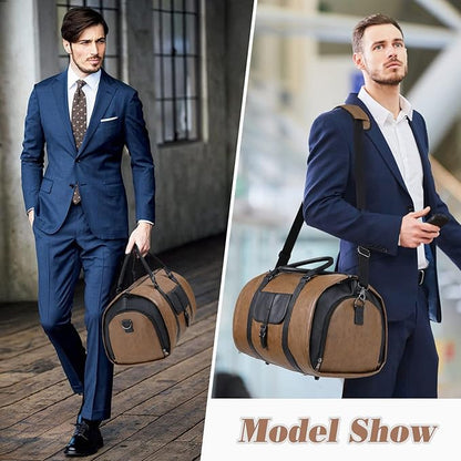 Garment Duffle Bags for Travel with Shoe Compartment 2 in 1 Convertible Carry on Garment Bag for Men Business Foldable Suit Bag for Hanging Clothes, Brown
