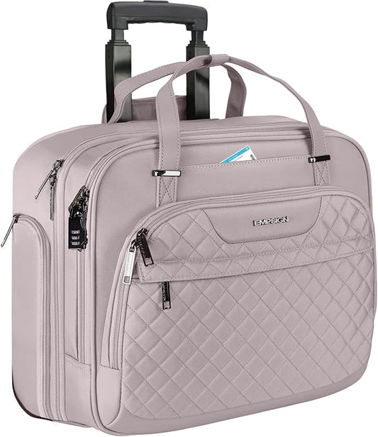 EMPSIGN Rolling Laptop Bag Women with Wheels, Briefcase for Women Fits Up to 15.6 Inch Laptop Briefcase on Wheels, Water-Repellent Overnight Rolling Computer Bag with RFID Pockets, Grey Pink