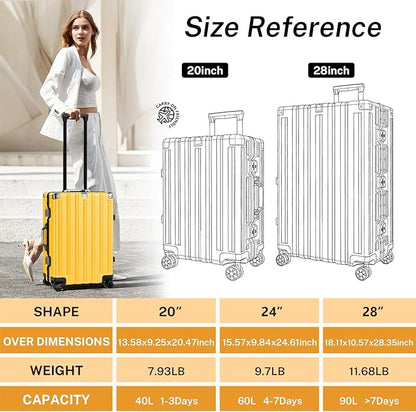 Krute Aluminum Frame Luggage 28 Inch Checked Suitcase with Spinner Wheels TSA Approved No Zipper Hard Shell Luggage PC+ABS Travel Suitcase