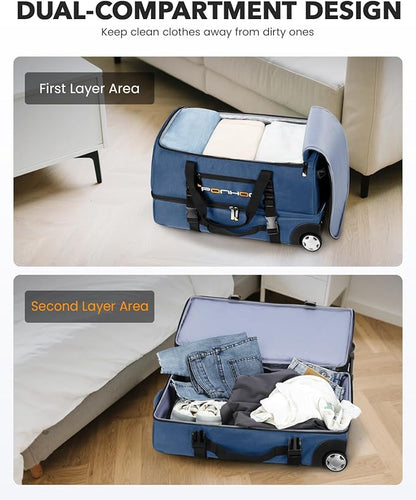 22 Inch Rolling Duffle Bag with Wheels for Men - Water Resistant Wheeled Duffle Bag for Weekend Travel & Overnight Trips, Blue
