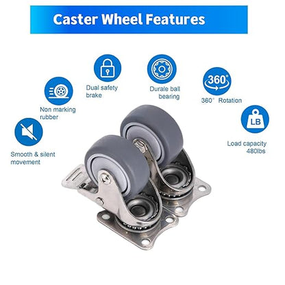 2 Inch Stainless Steel Caster Wheels Set of 4, Rustproof 360° Swivel Casters with Brake, Silent and Floor-FriendlyThermoplastic Rubber Wheels for Furnitures,Labs,Hospitals,Restaurants