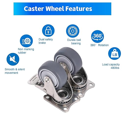 Stainless Steel Caster Wheels 2 Inch Set of 4, Anti-Rust 360° Swivel Casters, Silent and Non-Marks Thermoplastic Rubber Wheels for Furnitures,Labs,Hospitals,Restaurants