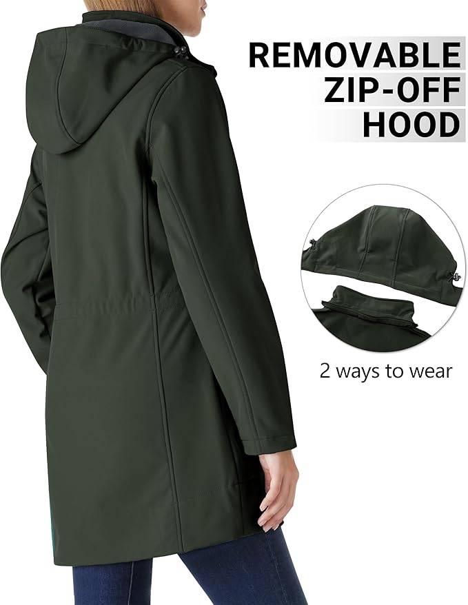 Outdoor Ventures Women's Softshell Jacket with Removable Hood Fleece Lined Windbreaker Insulated Long Warm Rain Jacket